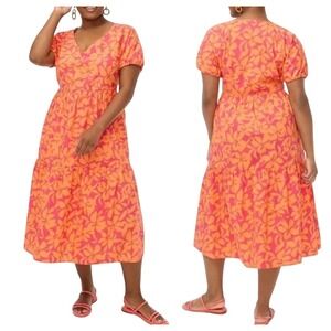 J. Crew Tiered Midi Dress Puff Sleeve Floral Tropical Pink Orange Size 18 NWT